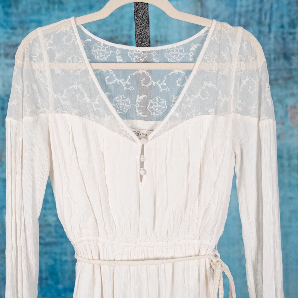 Abercrombie Fitch Boho Beachy Mini Dress Sheer Lace Neckline SMALL Cream Gauzy - Picture 2 of 5